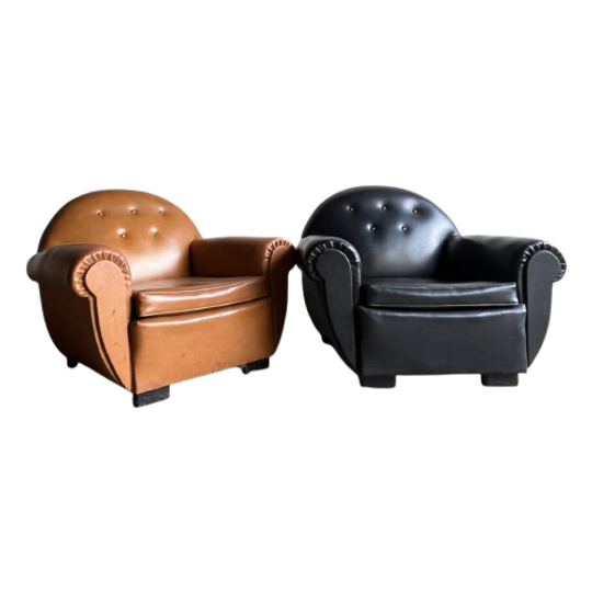 Pair Of Interbellum Club Sofa'S In Cognac Brown And Jet Black Colour. 1