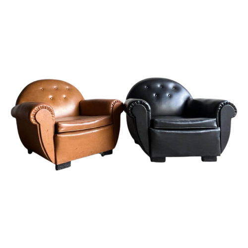 Pair Of Interbellum Club Sofa'S In Cognac Brown And Jet Black Colour.