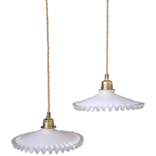 Set (2) Vintage Clichy Hanglampen Van Wit Opaline Glas. 1