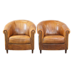 Set Van 2 Charmante, Stoere En Comfortabele Schapenleren Clubfauteuils In Een Lichte Cognac Kleur thumbnail 1