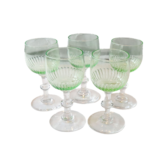 Set Van 5 Val Saint Lambert Antieke Uranium Kristal Glazen, Belgie Begin 1900 1