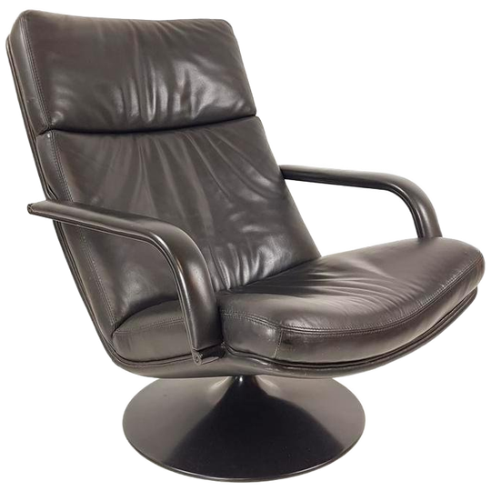 Zwart Leren Artifort F142 Draai Fauteuil Met Ronde Voet 1