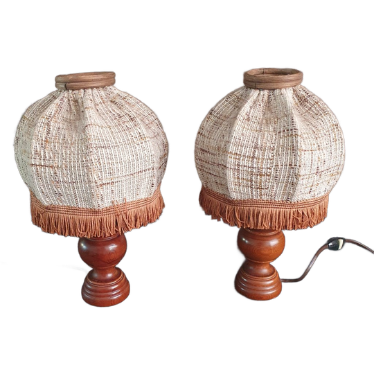 Vintage - Schemerlamp - Bedlamp - Kastlamp - Hout/stof- 2 Stuks 1