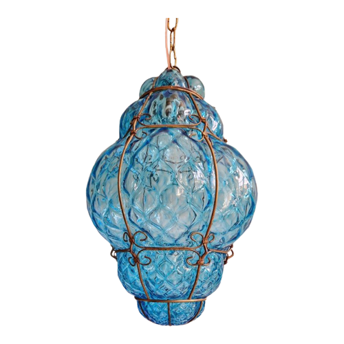 Grote Venetiaanse Hanglamp In Blauw Murano-Glas