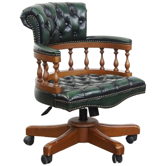 Elegante Groene Engelse Chesterfield Bureaustoel Gemaakt Van Rundleer 1