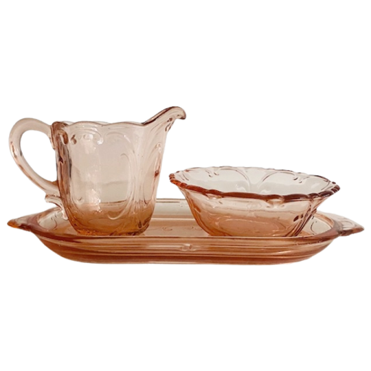 Art Deco Roze Glas Roomstel Met Serveerblad 1930’s 1