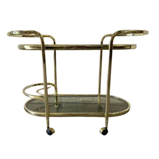 Vintage Gouden Barcart / Bijzettafeltje Met Fumé Glas 1