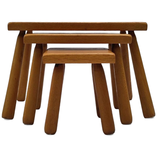 Vintage Set Bijzettafeltjes Eiken Hout Brutalist Tafeltjes 1