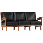 Vintage Lounge Bank Met Eiken Frame En Zwart Leer, 1960s thumbnail 1