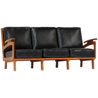 Vintage Lounge Bank Met Eiken Frame En Zwart Leer, 1960s