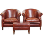 Set Van 2 Cognac-kleurige Rundleren Clubfauteuils En Hocker In Engelse Stijl thumbnail 1