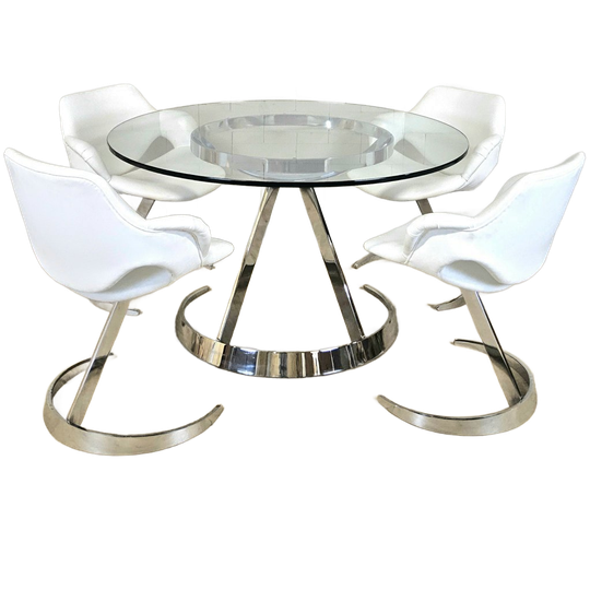 Vintage Frans Space Age Design Eetkamer Set Boris Tabacoff Frankrijk 1970 Chromen Glazen Eettafel + 4 Leren Stoelen 1