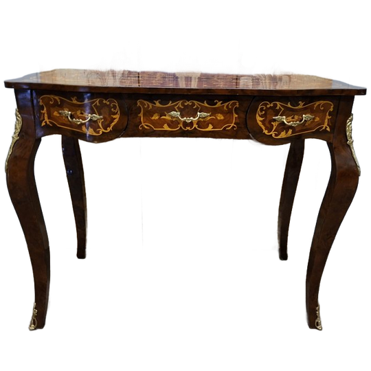 Antieke Barok Stijl Schrijftafel, Console Damesbureau, Kaptafel Met Inlegwerk Afm: 98x54cm En 79cm Hoog. 1