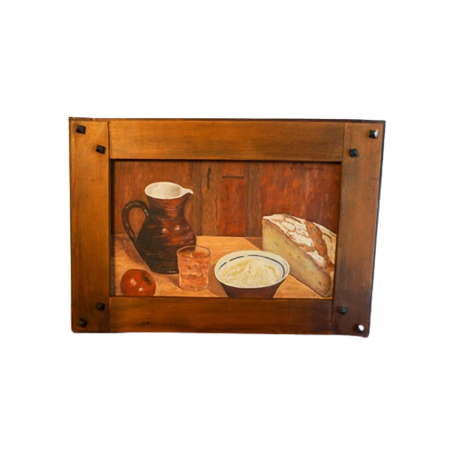 Folk Painting Of A Lunch Scene In Wooden Frame 1930S Red Burgundy