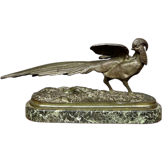Rene Andre Varnier. Bronzen Beeld Van Een Fazant Op Een Groene Marmeren Sokkel. 1