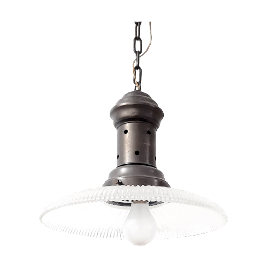 Oude Hanglamp Jaren 20 – Glazen Kap - Koperen Houder - (pf46) 1