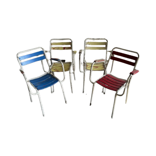 Suite Of 4 Vintage 1970 Metal And Wooden Seating Garden Armchairs 1