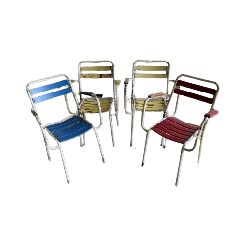 Suite Of 4 Vintage 1970 Metal And Wooden Seating Garden Armchairs