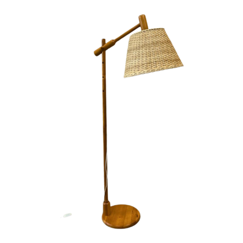 Vintage Vloerlamp / Leeslamp Grenen, Rieten Kap, Scandinavie