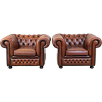 Leuke Set Van 2 Bruine Rundleren Chesterfield Fauteuils Met Een Geweldige Uitstraling thumbnail 1