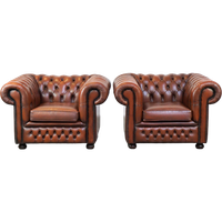 Leuke Set Van 2 Bruine Rundleren Chesterfield Fauteuils Met Een Geweldige Uitstraling