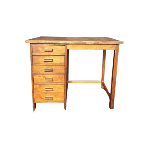 Vintage Eikenhouten Bureau Met 6 Lades, Bureautje, Desk