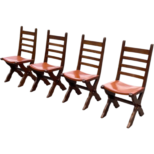 Vintage Set Van Vier Brutalistische Eetkamerstoelen Eiken