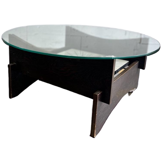 Vintage Ronde Salontafel Met Glas & Hout & Tegels 1