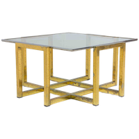 Hollywood Regency Geometrische Messing Salontafel Met Glazen Blad