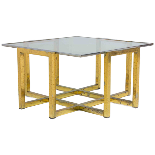 Hollywood Regency Geometrische Messing Salontafel Met Glazen Blad 1