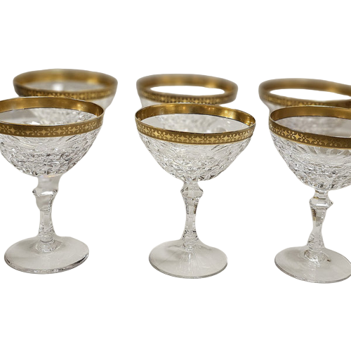 Vintage Champagnecoupes Loodkristal Drache Modell Gouden Randje (Set Van 6)