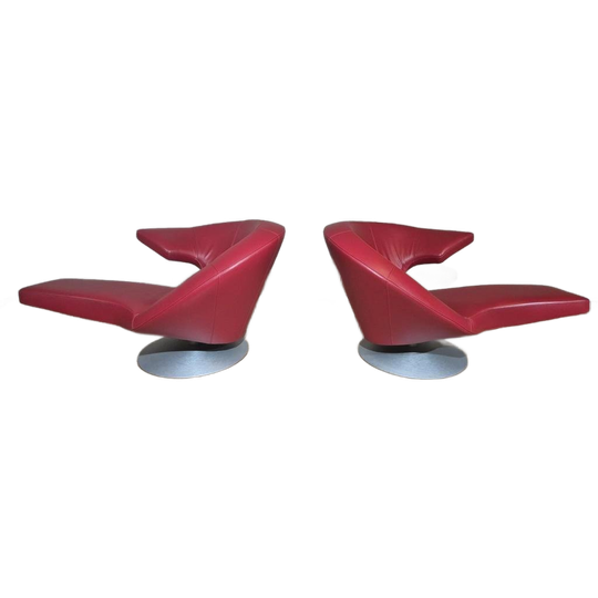 2x Leolux Parabolica Fauteuils - Rood - Leder - Design -zgan 1