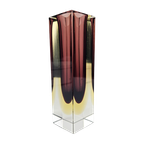 Vintage Glazen Vaas, Facet Geslepen, Rechthoekig. Roze, Geel En Kleurloos Murano Glas. Sommerso Vaas thumbnail 1