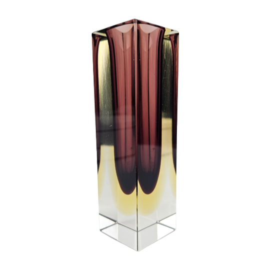 Vintage Glazen Vaas, Facet Geslepen, Rechthoekig. Roze, Geel En Kleurloos Murano Glas. Sommerso Vaas 1