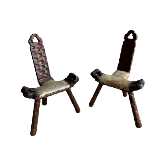 Mid-Century 3-Legged Stool With Backrest In Wood With Black-Brown Cowhide Seat, 1950S 1