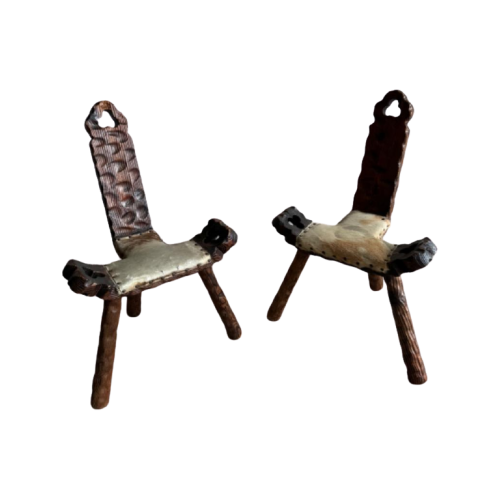 Mid-Century 3-Legged Stool With Backrest In Wood With Black-Brown Cowhide Seat, 1950S