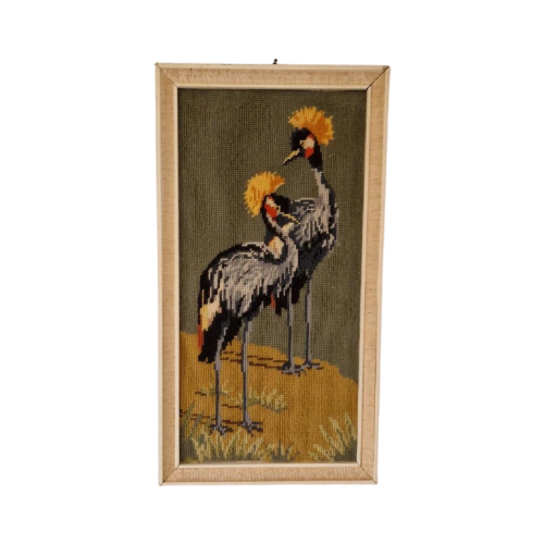 Vintage Schilderij Geborduurd Lijst Kraanvogels