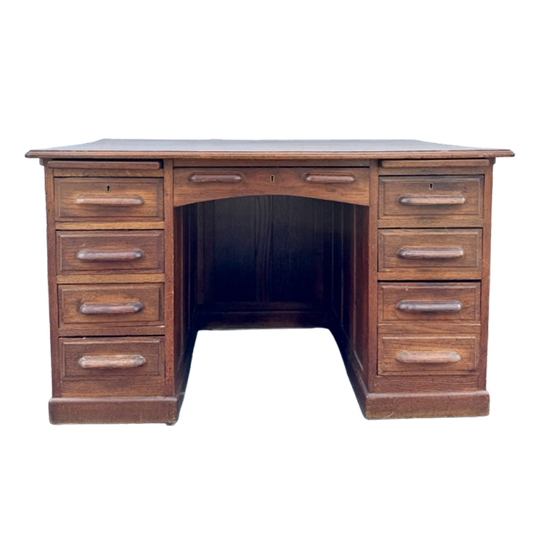 Uitneembaar Antiek Eiken Buro Met 8 Lades En Achterschot, 122 X 76 X 76 Cm 1