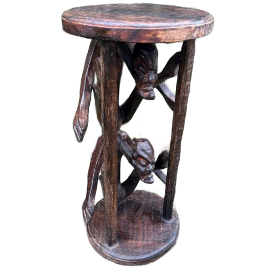 Vintage Afrikaanse Houten Kruk / Plantenstandaard - 60cm 1