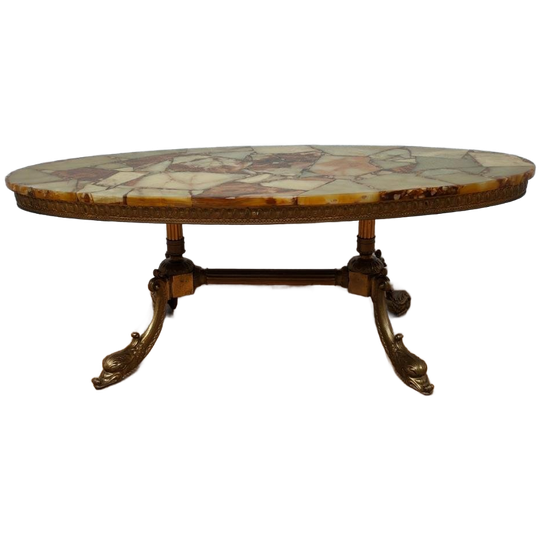 Vintage Ovale Messing Salontafel Koffietafel Met Marmer Blad 1