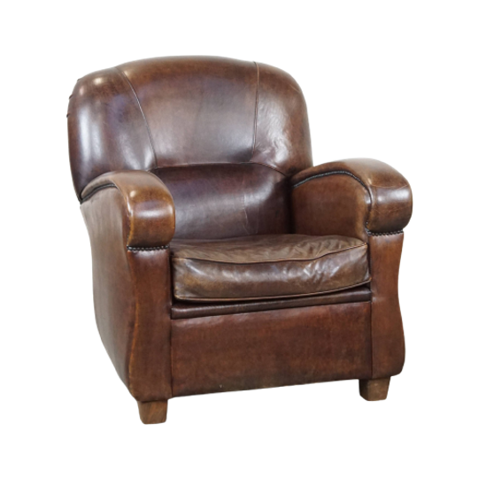 Royale En In Goede Staat Verkerende Donkere Schapenleren Fauteuil/armchair Met Ronde Vormen 1