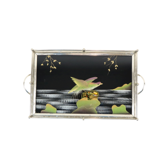 Vintage Dienblad Vogels Zwart Glas Chroom Jaren 50-60 Plateau 40x26cm | Kerst 1