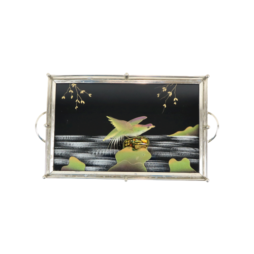 Vintage Dienblad Vogels Zwart Glas Chroom Jaren 50-60 Plateau 40X26Cm | Kerst