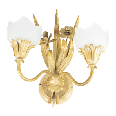 Ls Italy - Vintage Wandlamp - Metalen Goudkleurige Bloemen Met Korenaren - 1970'S