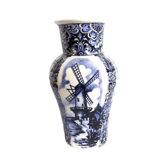 Vintage Vaas Delfts Blauw Met Molen, Helft 20ste Eeuw 1
