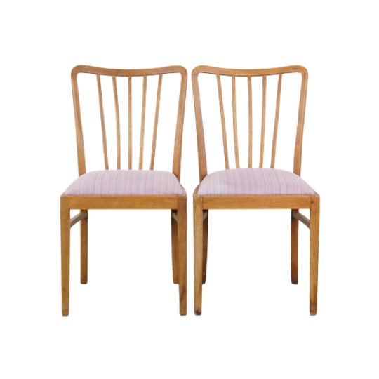 Leuke Set Van 2 Vintage Jaren '70 Eetkamerstoelen Met Gespijlde Rugleuning En Stoffen Zitting 1