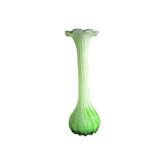 Soliflore Één Bloemsvaas In Opaline Glas Groen/wit, Italie Jaren '70 1