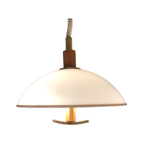 Jaren 80 Bony Design Lamp,Mushroom Hanglamp, Eiken, Plexiglas En Messing