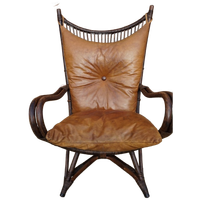 Vintage Rotan/bamboe Fan Back Lounge Chair Met Leren Kussens, Jaren 60, Toegeschreven Aan Rohé No