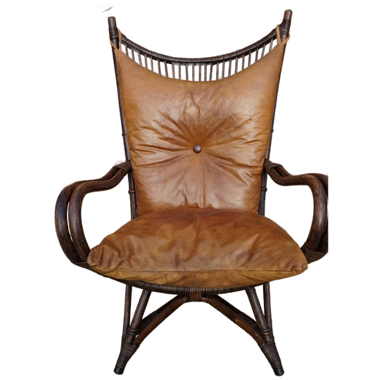 Vintage Rotan/bamboe Fan Back Lounge Chair Met Leren Kussens, Jaren 60, Toegeschreven Aan Rohé No 1